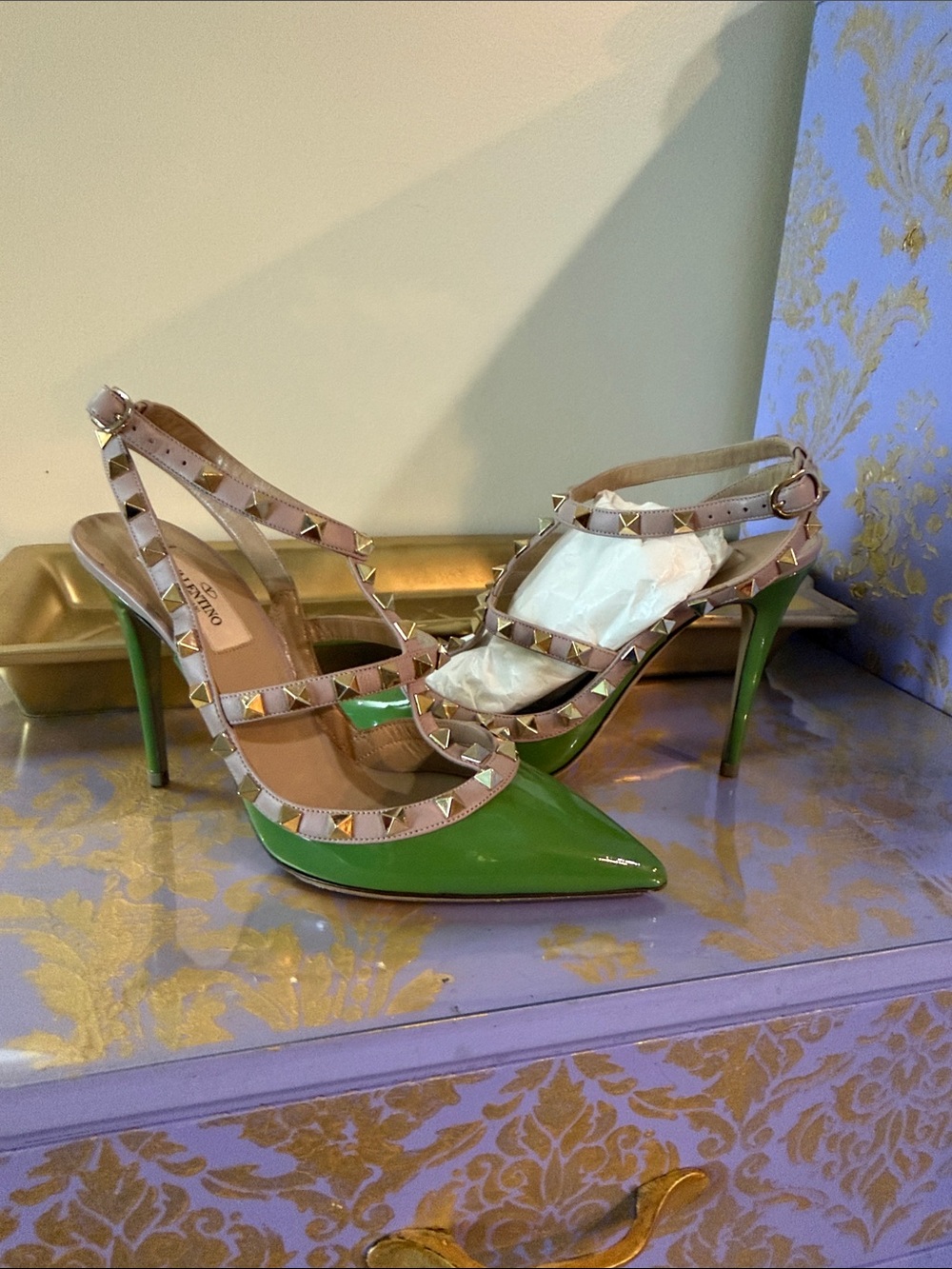 Valentino Garavani Green Patent Leather Rockstud T-Strap Pumps with Nude Straps